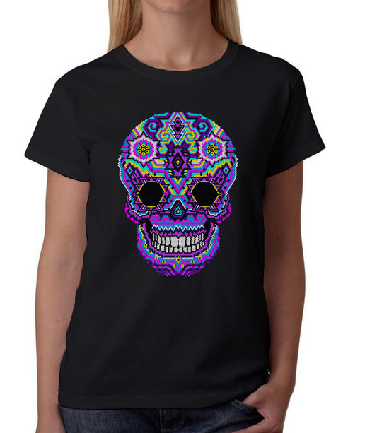 Playera de calavera de huichol morada