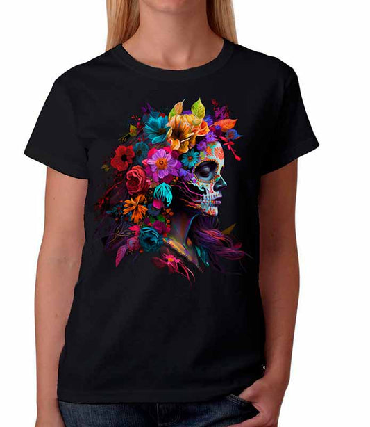 Playera de calavera catrina con flores