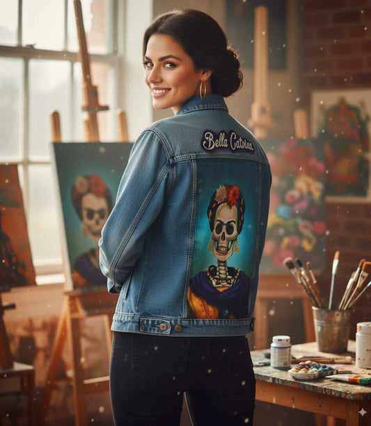 Handmade hand painted Catrina denim jacket