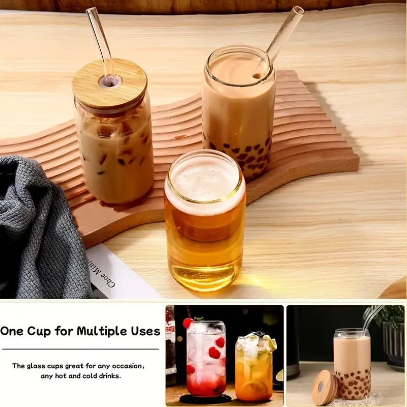 Vaso de vidrio de 16Oz con popote y tapa de madera